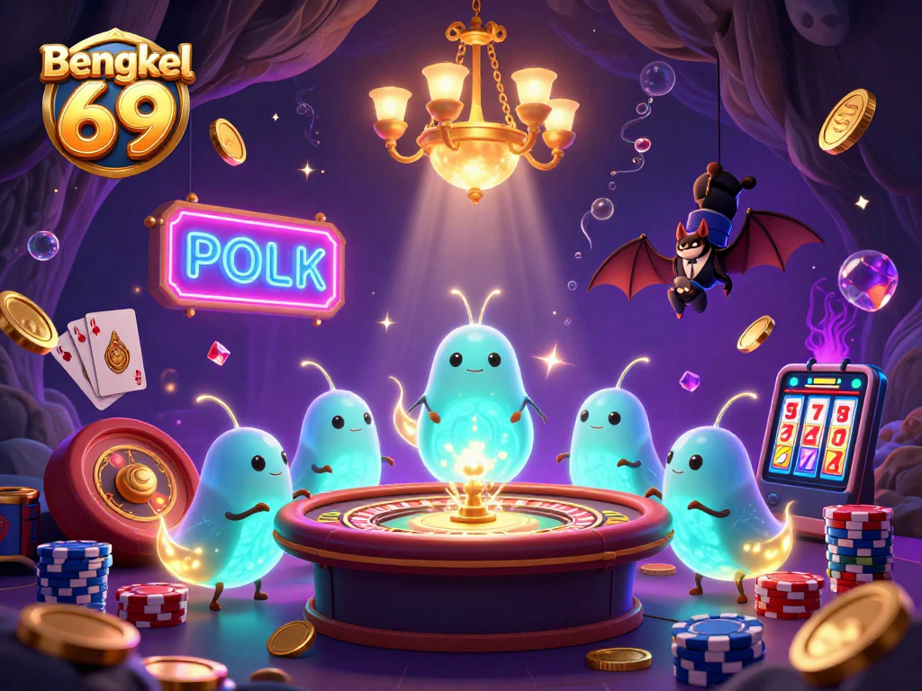 Bengkel 69 illuminates a casino scene with glowing glowworms, coins, cards, and roulette for thrilling action.
