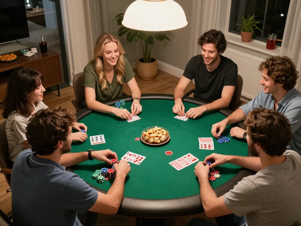Friends enjoying a lively poker night at home, showcasing strategic gameplay and camaraderie with tg88 poker chips.