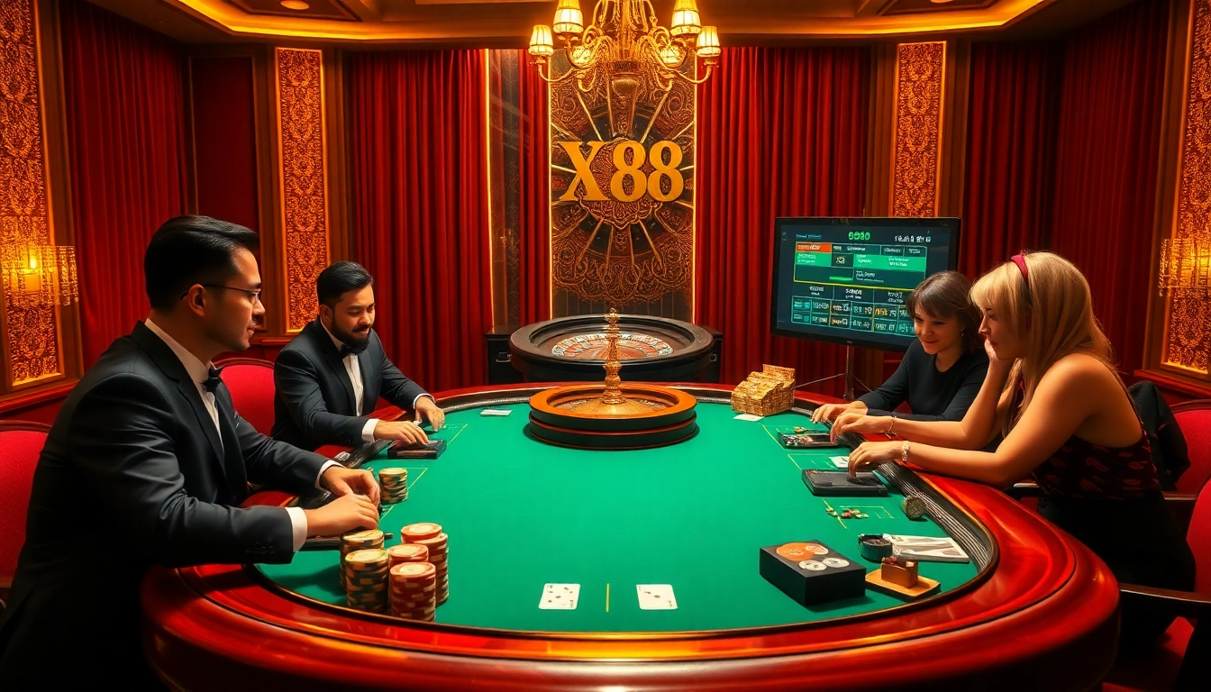 XX88 poker table scene with players and professional dealers showcasing excitement in a luxurious casino setting.