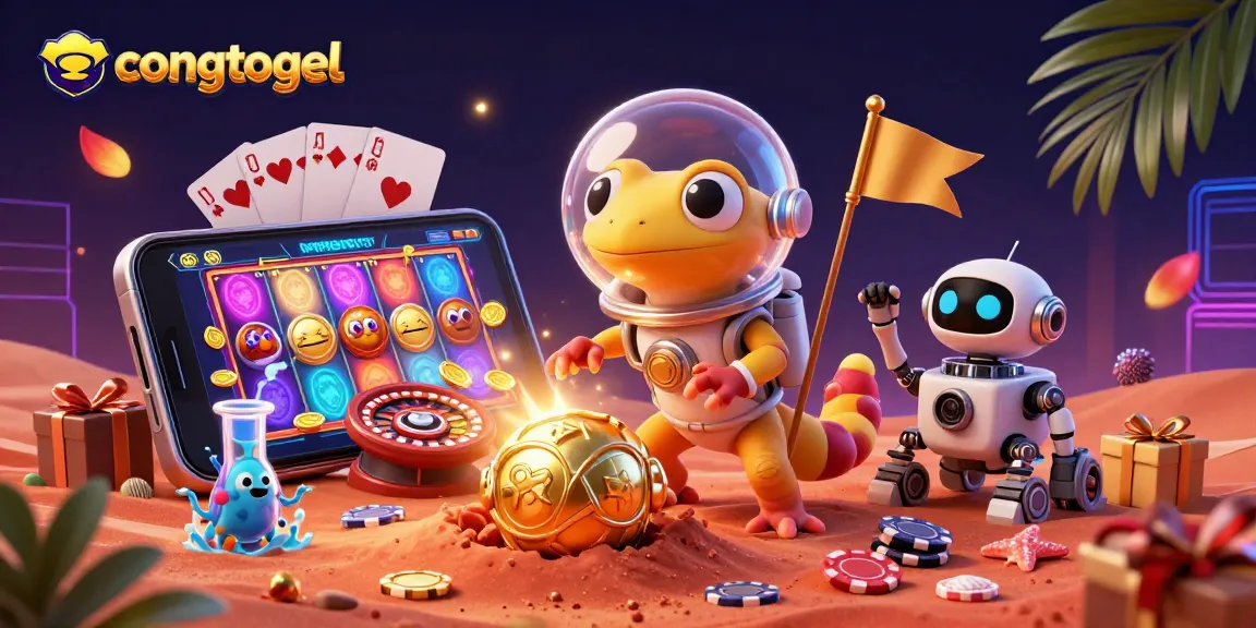 Experience congtogel's exciting wins with a Martian gecko discovering a vibrant casino scene