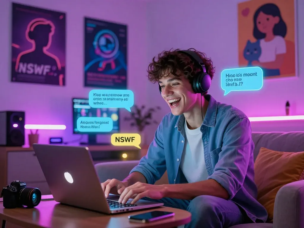 Engaging user enjoying a sex chat ai interaction on a laptop in a vibrant tech setting, showcasing modern digital companionship.