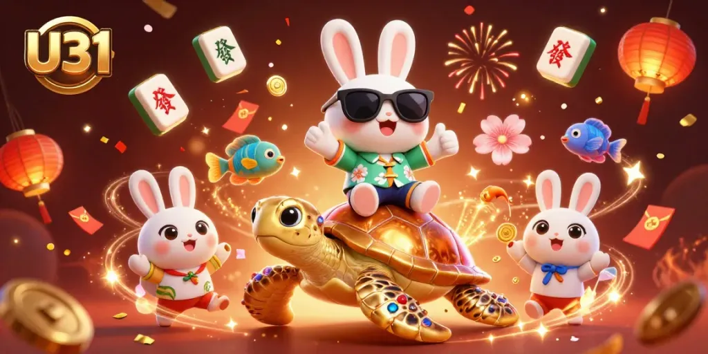 Experience exciting gaming at U31 with the lucky rabbit and sea turtle in a vibrant casino scene.