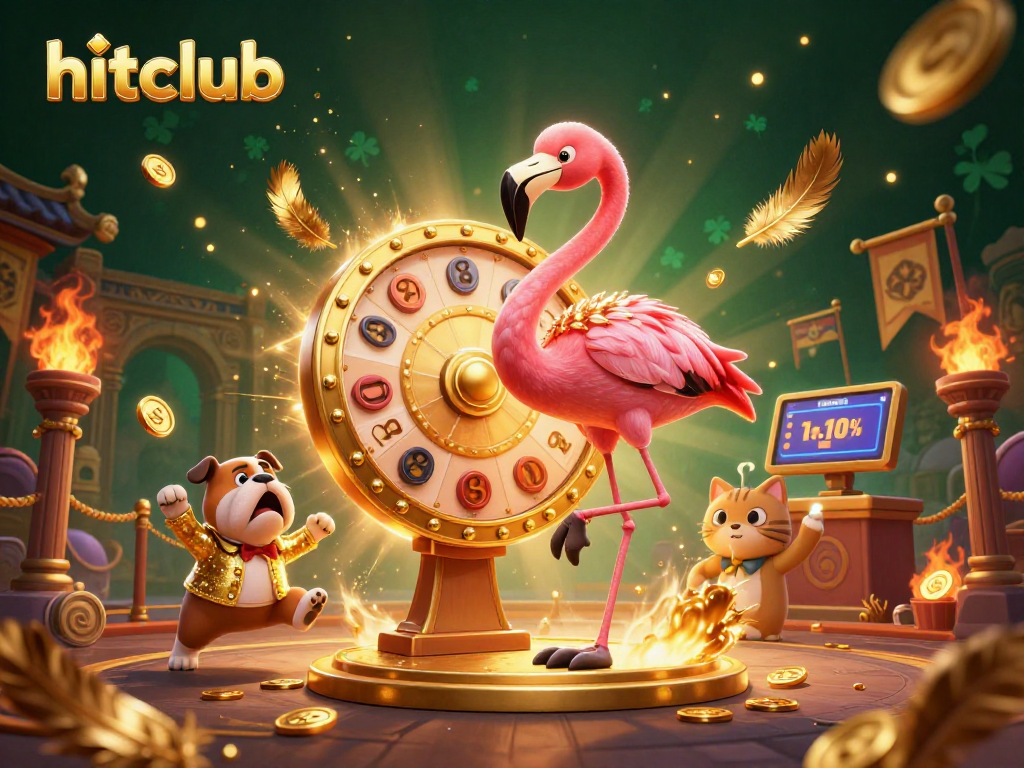 hitclub promotional illustration featuring a flamingo game show host spinning a prize wheel amidst golden coins and vibrant decorations