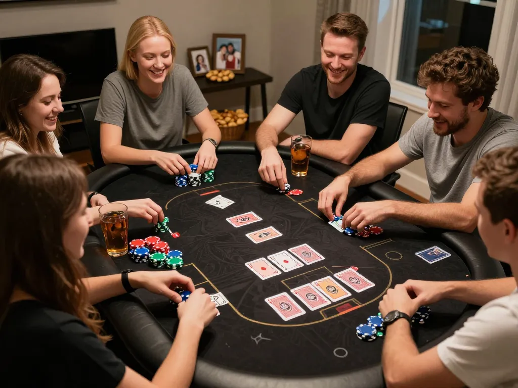 KJC poker game night with friends enjoying Texas Hold'em and vibrant chips.