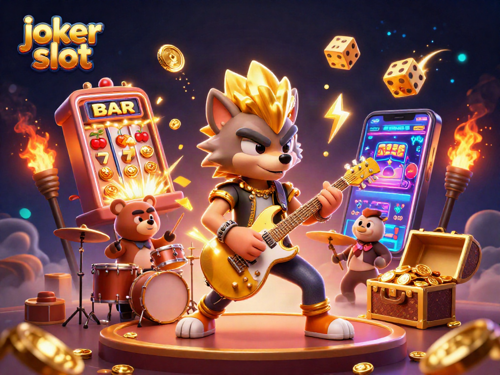 Experience the excitement of joker slot with a rock star wolf and jackpot chaos in a vibrant casino scene.