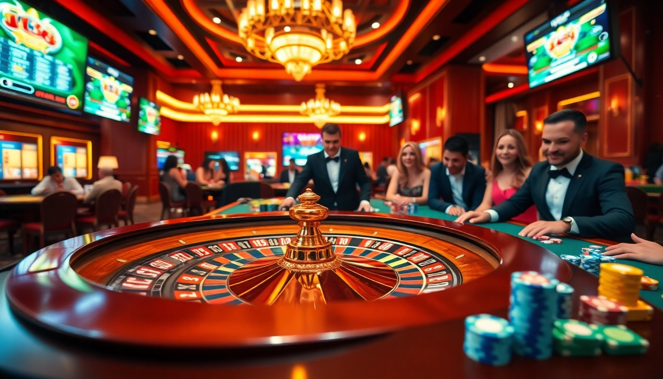 Exciting gameplay at j88 casino with vibrant tables, chips, and a roulette wheel.