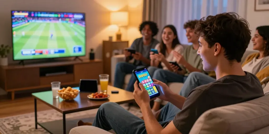 Bingo app download apk being enjoyed in a cozy gaming night atmosphere with friends and snacks.