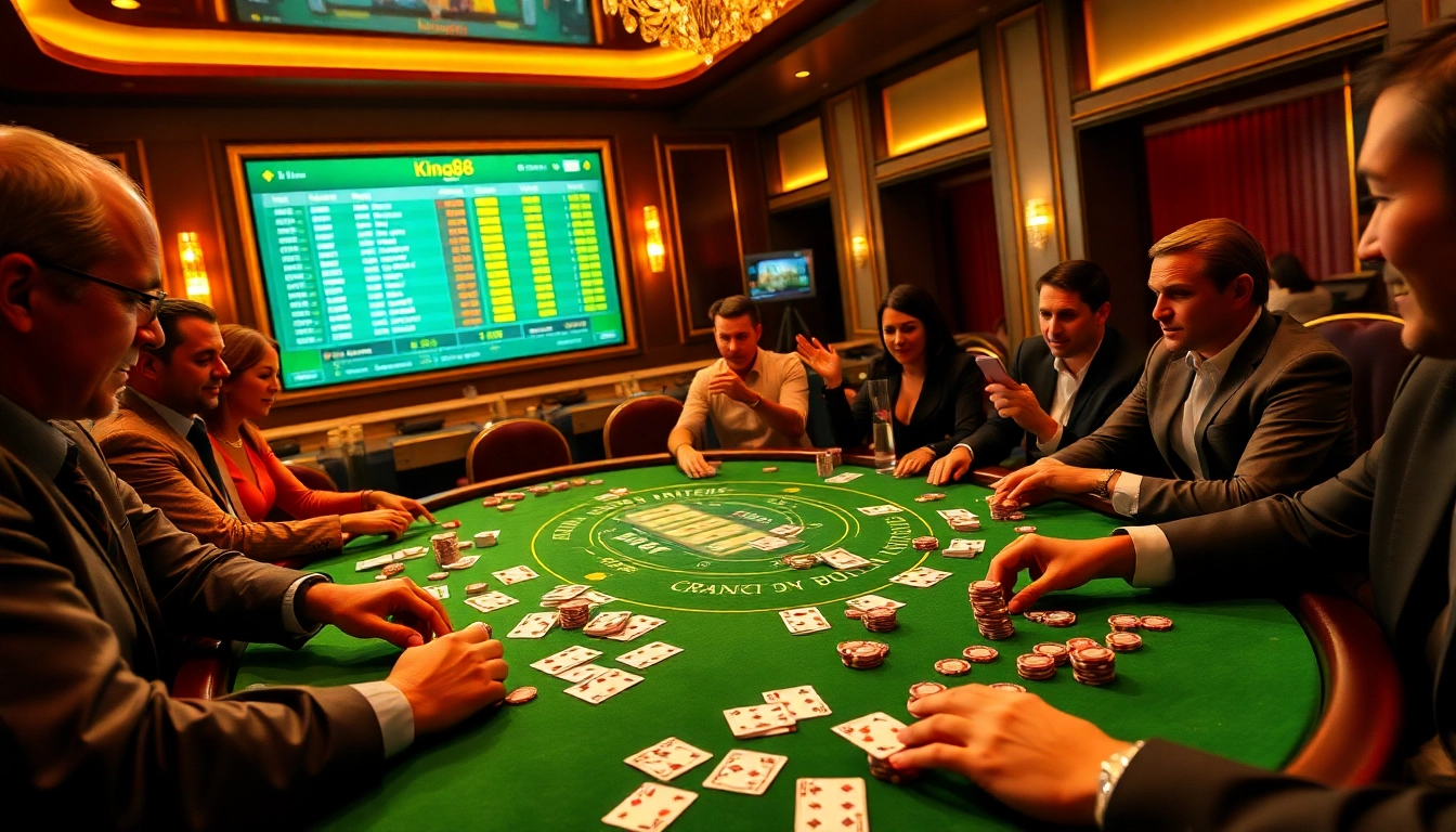 King88 casino scene with players enjoying blackjack, showcasing excitement and luxury in gambling.