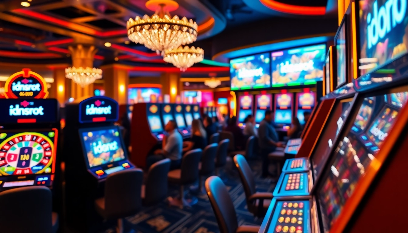 IDNSLOT players enjoying jackpots at vibrant slot machines in a luxurious casino setting.