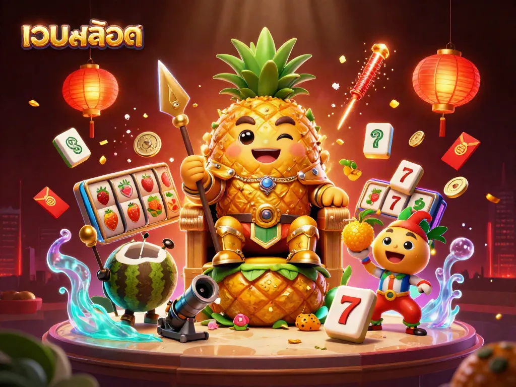 Engage with เว็บสล็อต action featuring a golden pineapple king and casino elements in a vibrant 3D scene.