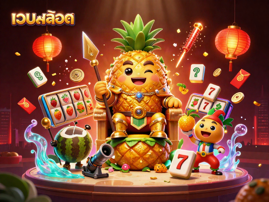 Engage with เว็บสล็อต action featuring a golden pineapple king and casino elements in a vibrant 3D scene.