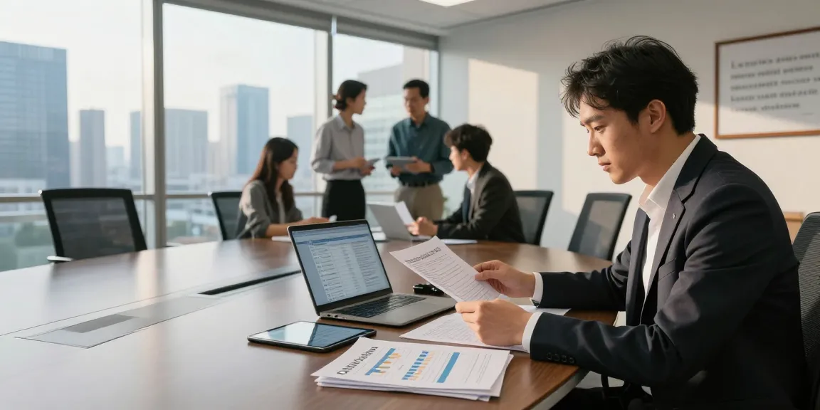 Inspiring office scene where an entrepreneur reviews business listings to buy a small business, showcasing a professional atmosphere.