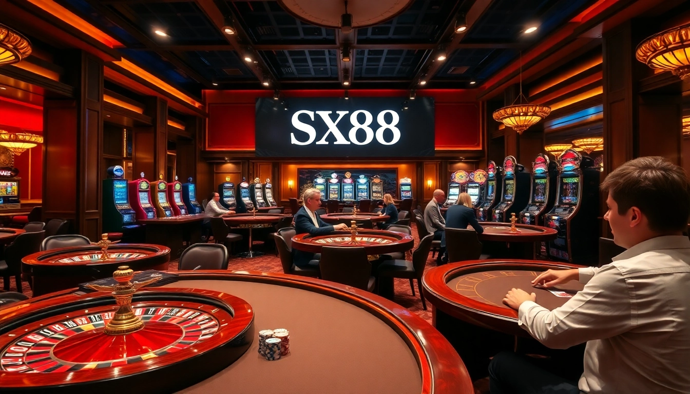 Experience luxury gaming at SX88 with poker tables and vibrant casino visuals.
