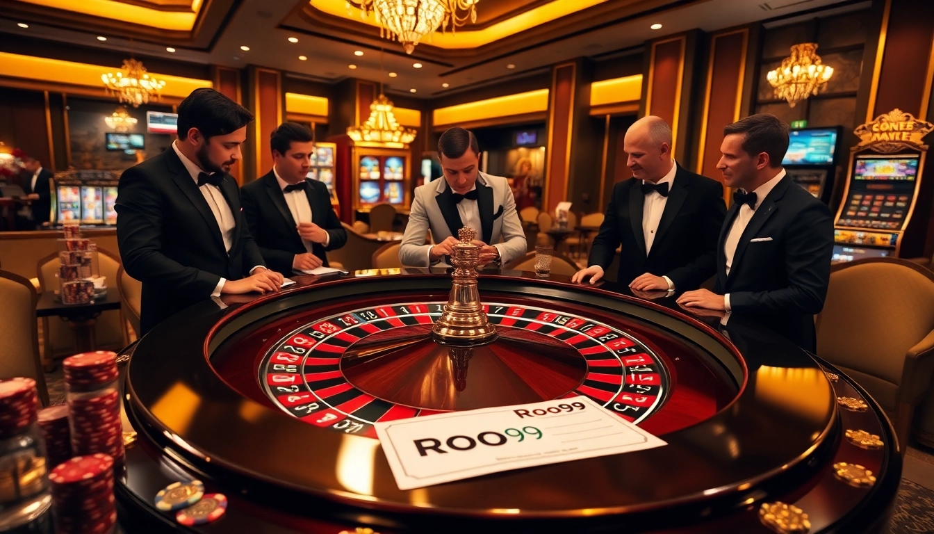 Engage in high-stakes gambling at a luxurious casino showcasing Roo99 betting slips on a roulette table.