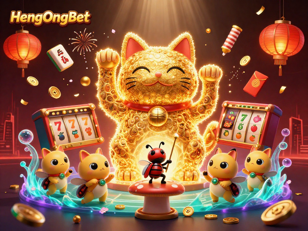 Experience HengOngBet's vibrant casino atmosphere with this dazzling 3D lucky cat illustration.