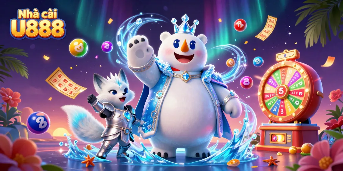 Experience the thrilling world of Nhà cái U888 with vibrant lottery balls, energetic characters, and immersive gambling elements.