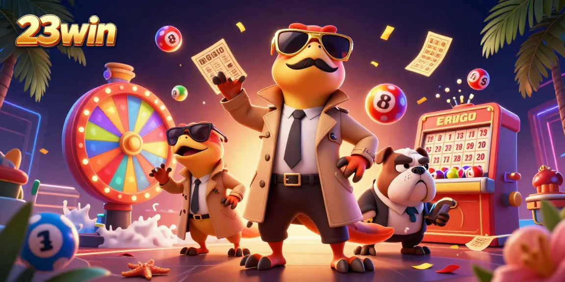 Exciting 23win experience with cartoon raptors entering VIP casino while lottery elements surround them.
