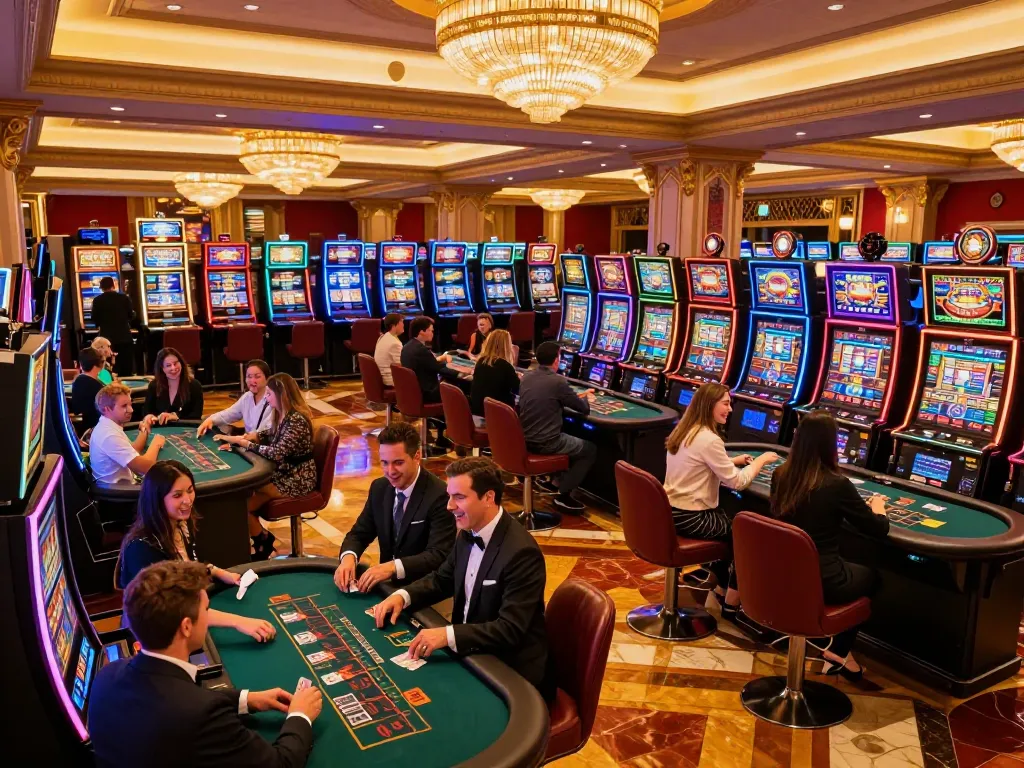 Players enjoying the thrill at dash88 casino filled with slot machines and vibrant activities.