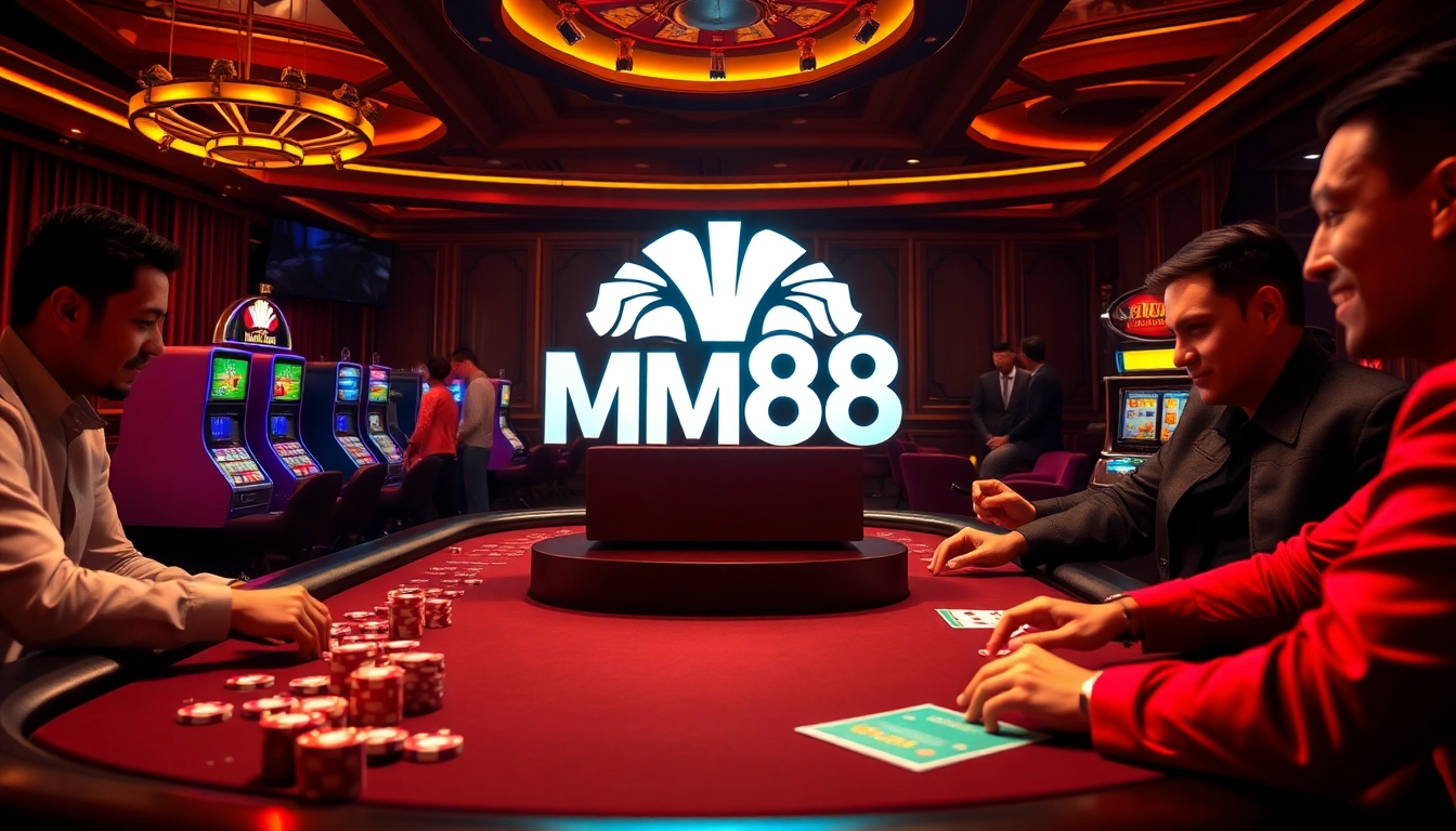 Betting excitement at MM88 casino with vibrant tables and high-end gaming elements.