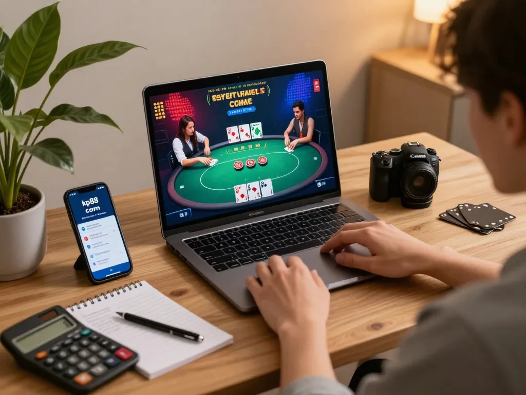 Engage with the thrilling poker game on kp88 com within a cozy home office setup, highlighting responsible gaming.