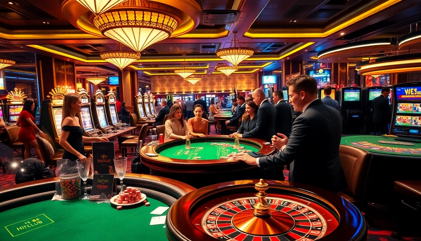 Hitclub offering thrilling games on a vibrant casino floor filled with poker tables and slot machines.