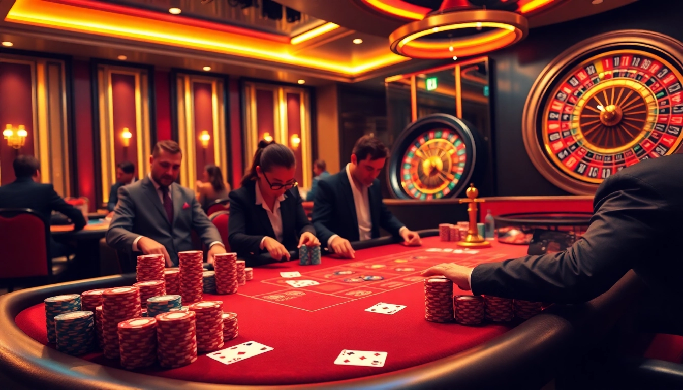 Gamblers engage at a stylish casino table, highlighting Ga6789's vibrant poker experience with professional dealers.