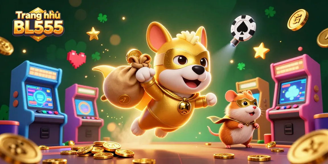Join the fun at Trang chủ BL555 with a superhero dog and hamster amidst a vibrant casino scene.