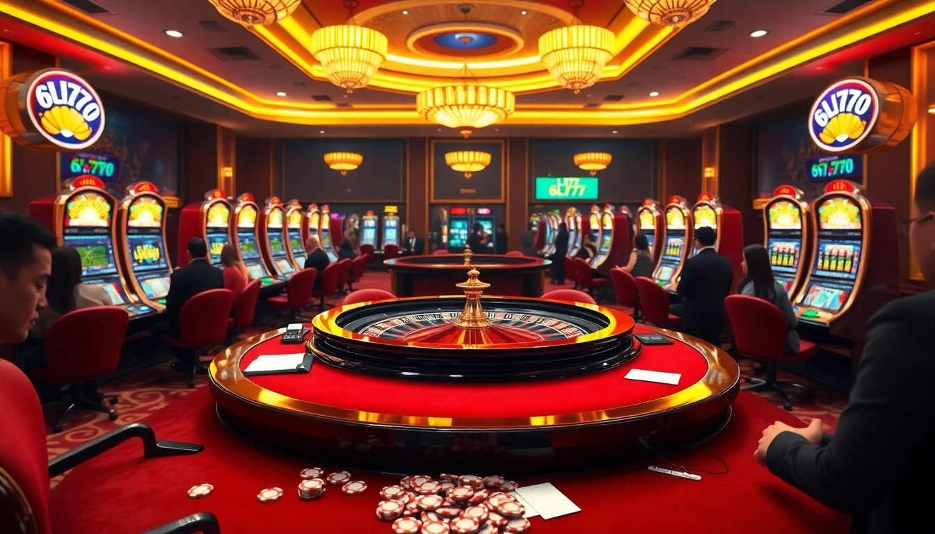 Experience the thrill of 6L777 gaming with a vibrant casino scene featuring roulette and slot machines.