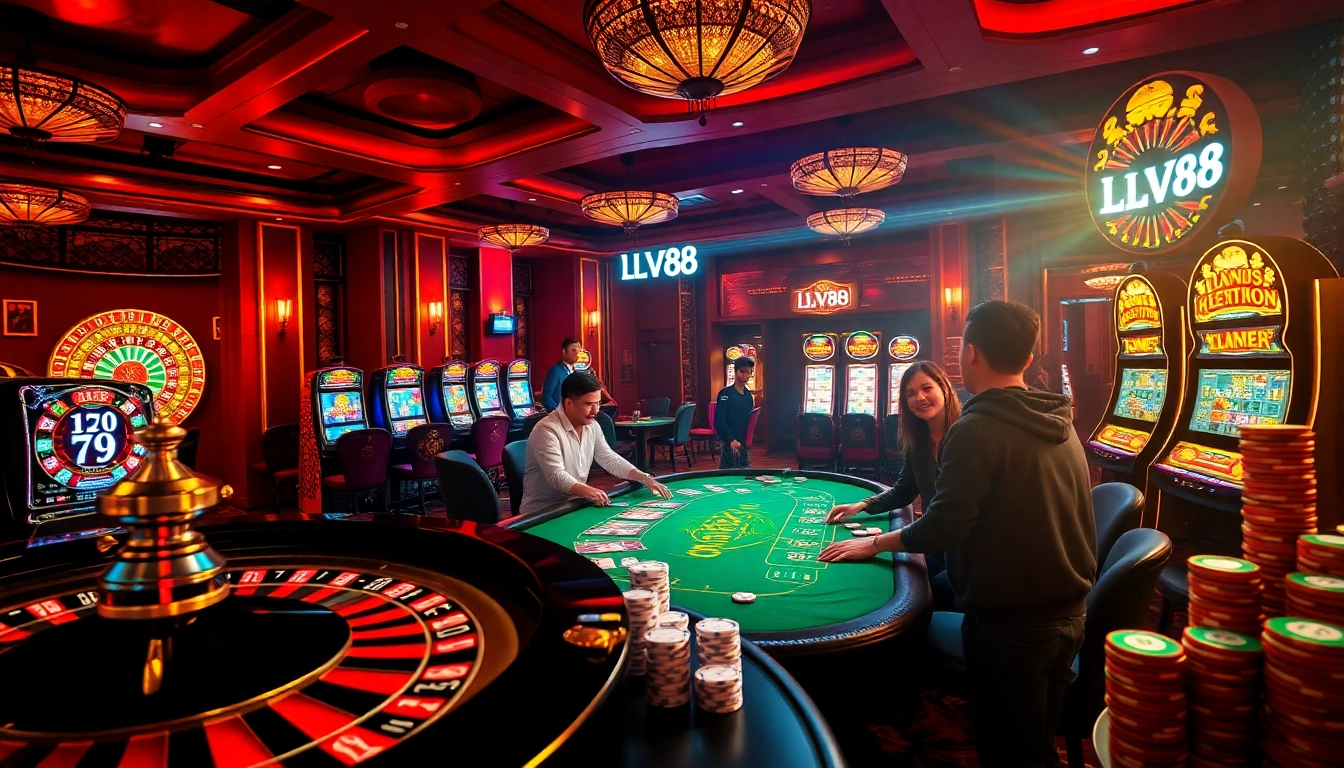 Players enjoying a thrilling LV88 casino experience with roulette and blackjack tables.