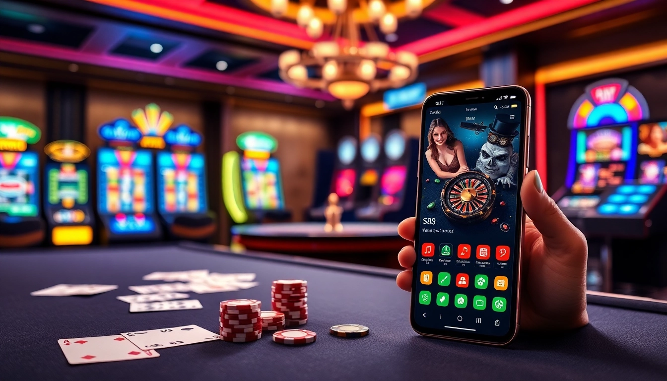 Engaging gamblers with the S8 app on a smartphone in a vibrant casino setting.