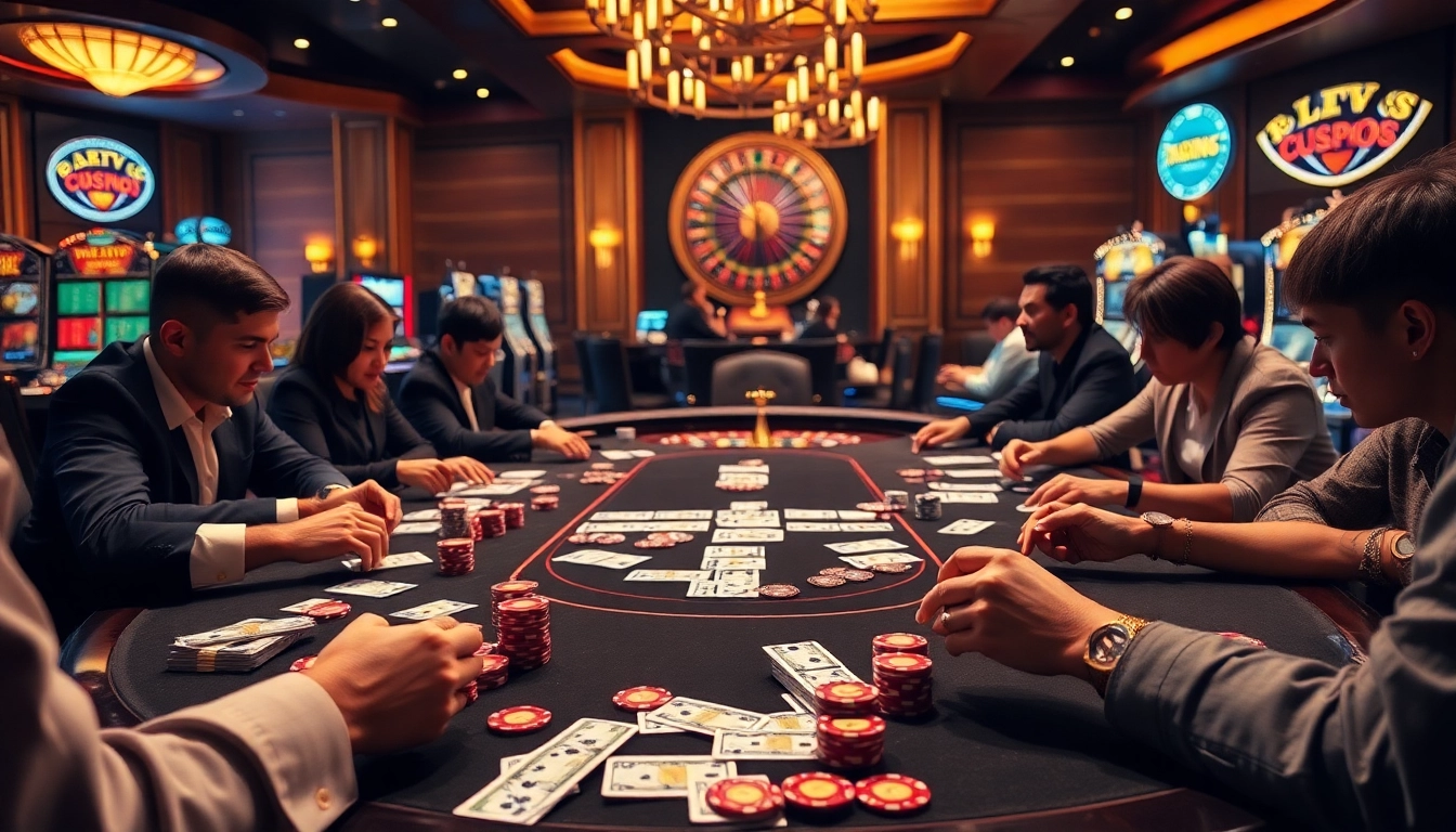 Man88 poker players competing at an elegant casino table with vibrant chips and warm lighting.