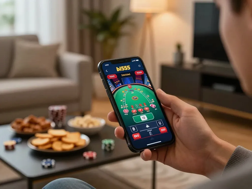 Engaging with the bl555 casino app on a smartphone showcasing live dealer gameplay in a cozy environment