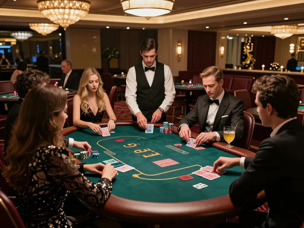 Exciting game at nhà cái 388bet's VIP table with players and dealer in luxury casino