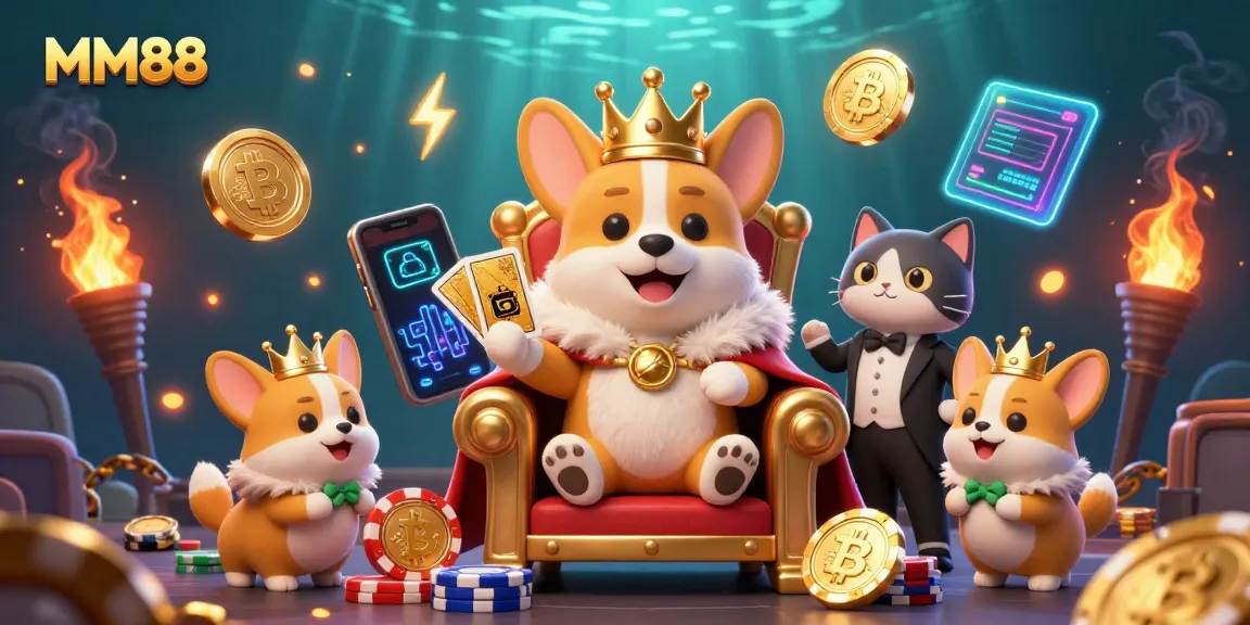 Bet on MM88 with a royal corgi throne scene showcasing poker chips and cryptocurrencies.