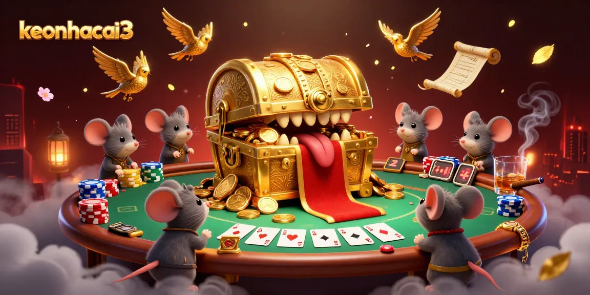 Engage with keonhacai3 through a vibrant 3D casino scene featuring dynamic poker elements and treasure inspiration.