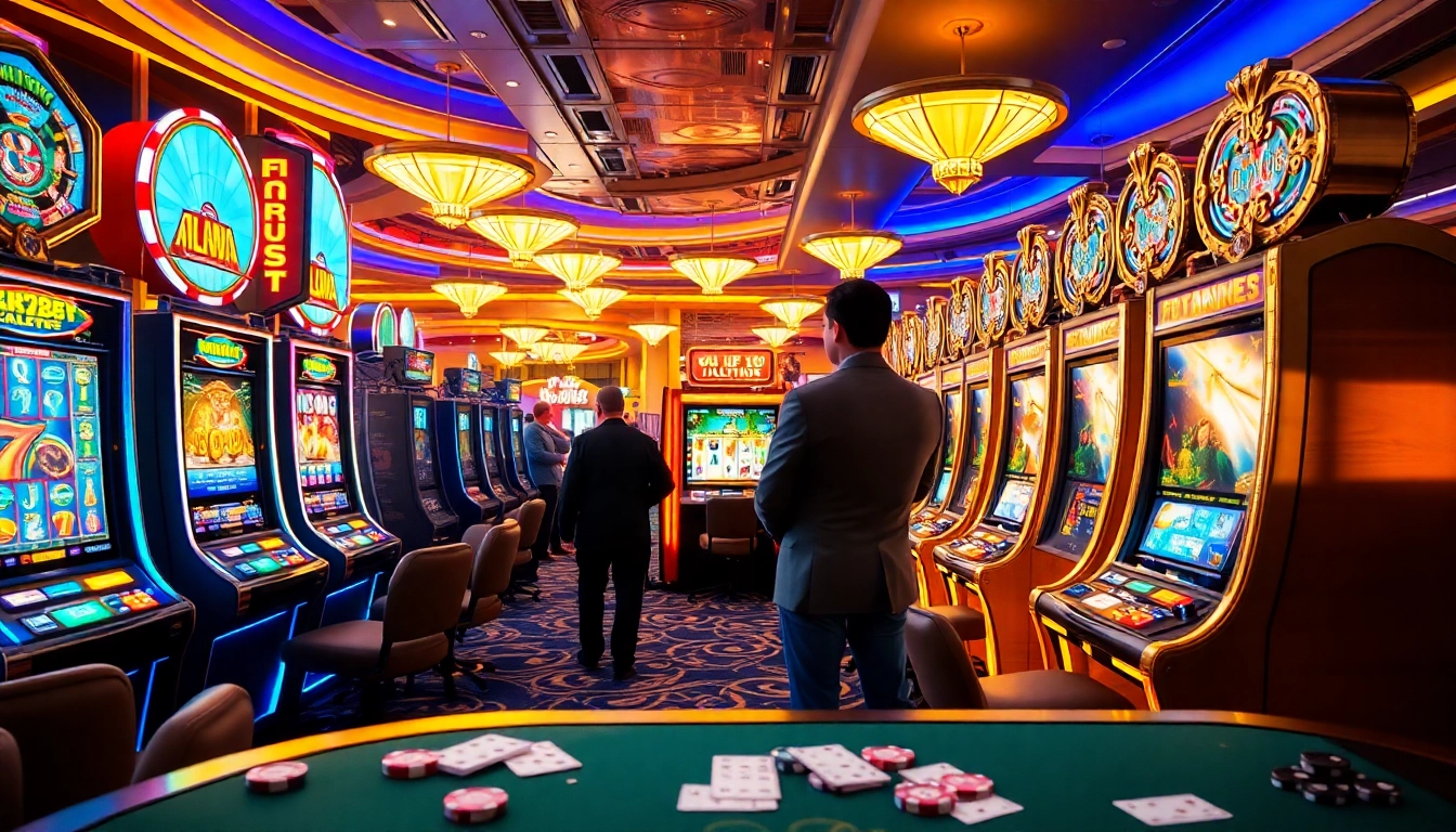 Pemandangan menarik pemain yang berinteraksi dengan mesin slot online aman788 di lingkungan kasino mewah.