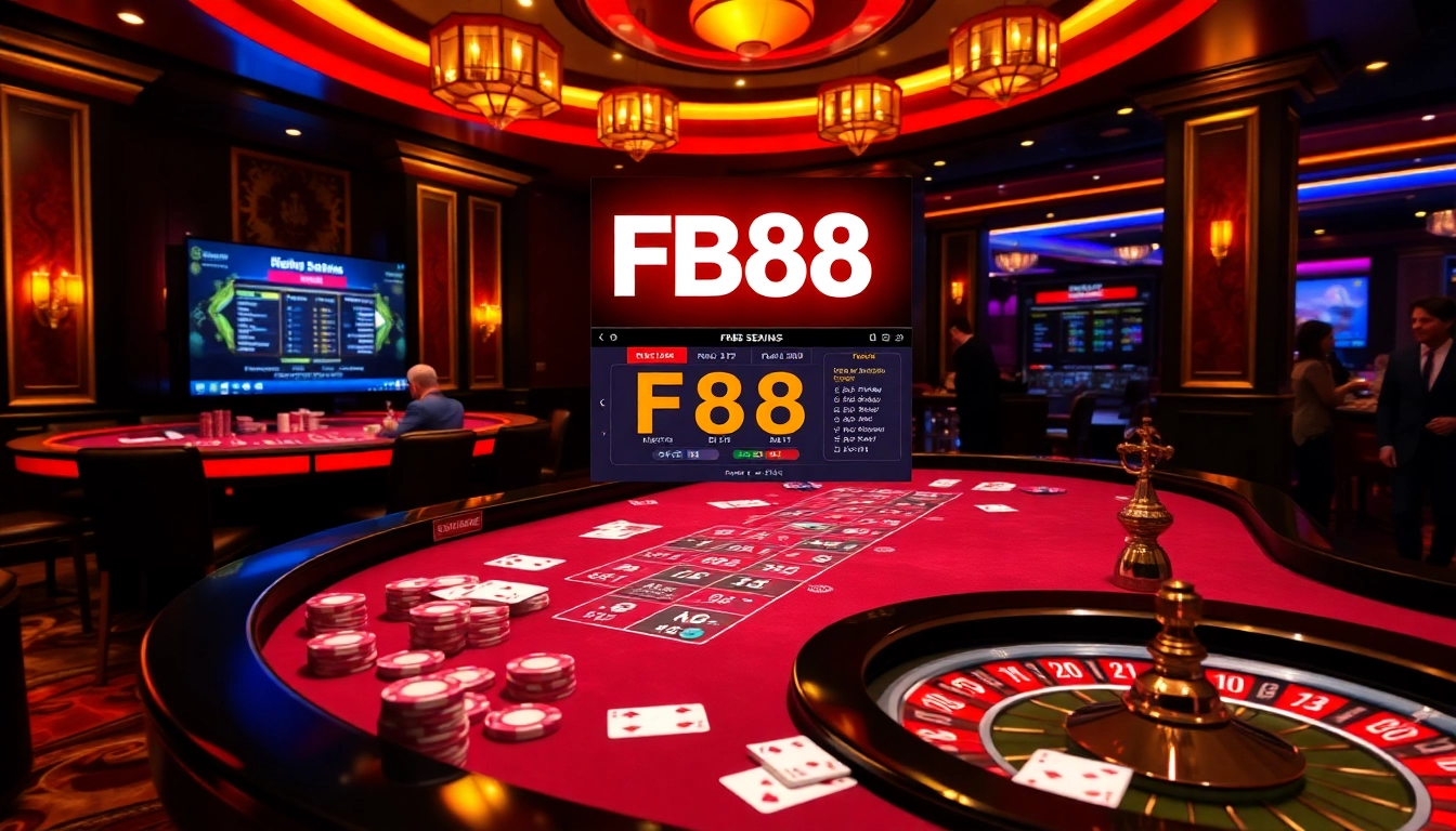 Enjoy thrilling gaming experiences at FB68 with poker chips and a roulette wheel.