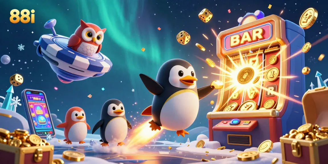 Experience thrilling gaming with 88i, where a golden penguin launches toward a jackpot explosion in a captivating casino scene.