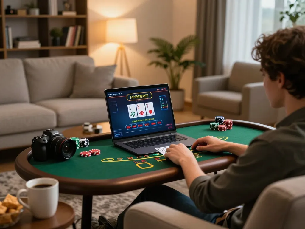 Engaged player using n1888 live dealer platform on laptop at home, showcasing strategic gameplay