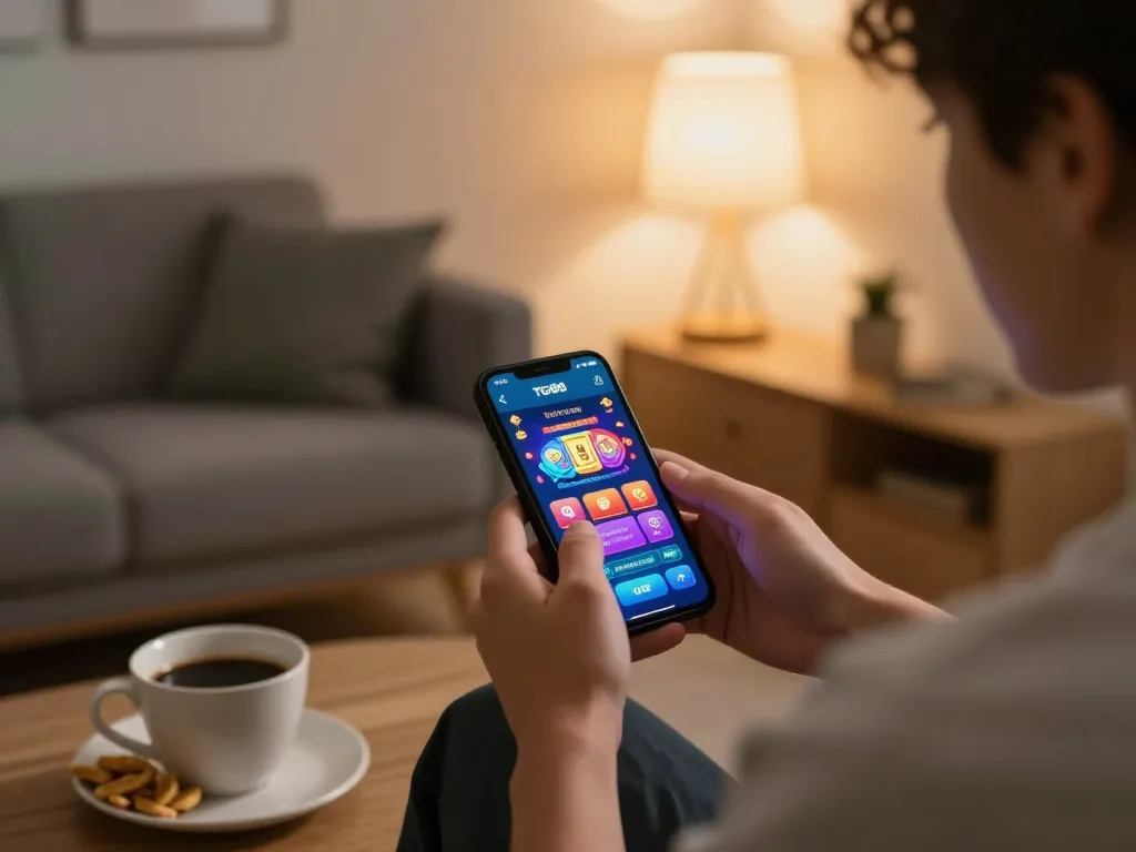 Experience thrilling gaming with TG88 app on mobile device in a cozy home setting