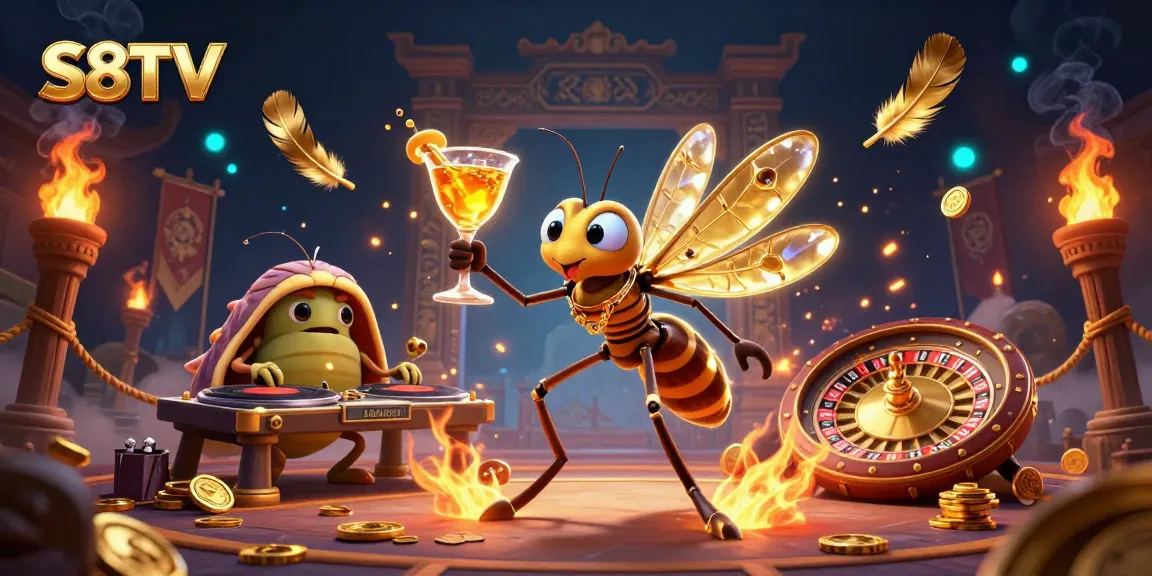 S8TV transports viewers into vibrant gaming visuals with a frozen mosquito mascot, trilobite DJ, and golden roulette.