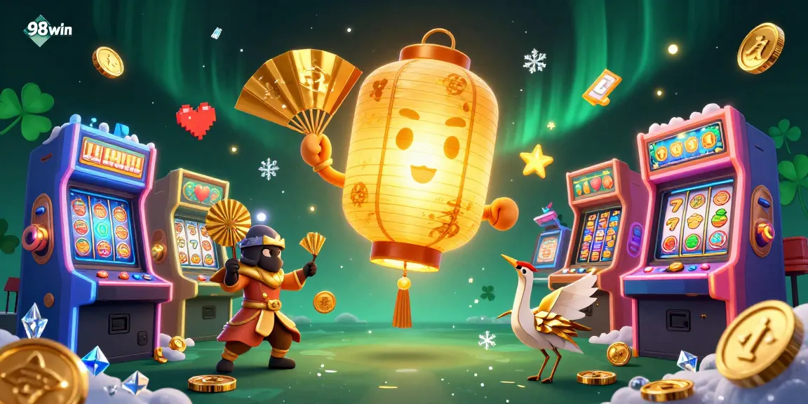 Experience exciting slots and jackpots with 98win in this vibrant casino illustration.