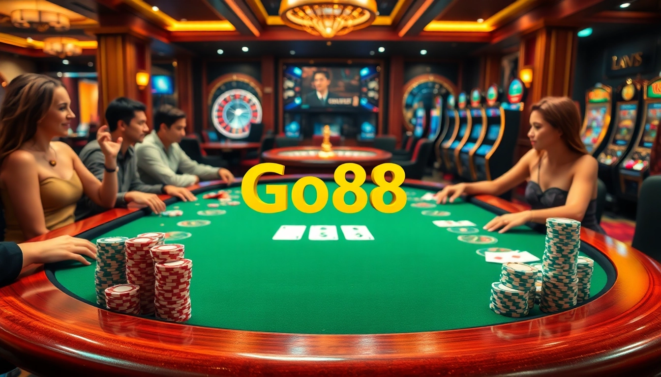 Players enjoy a thrilling game of poker at the Go88 casino table surrounded by vibrant chips and cards.