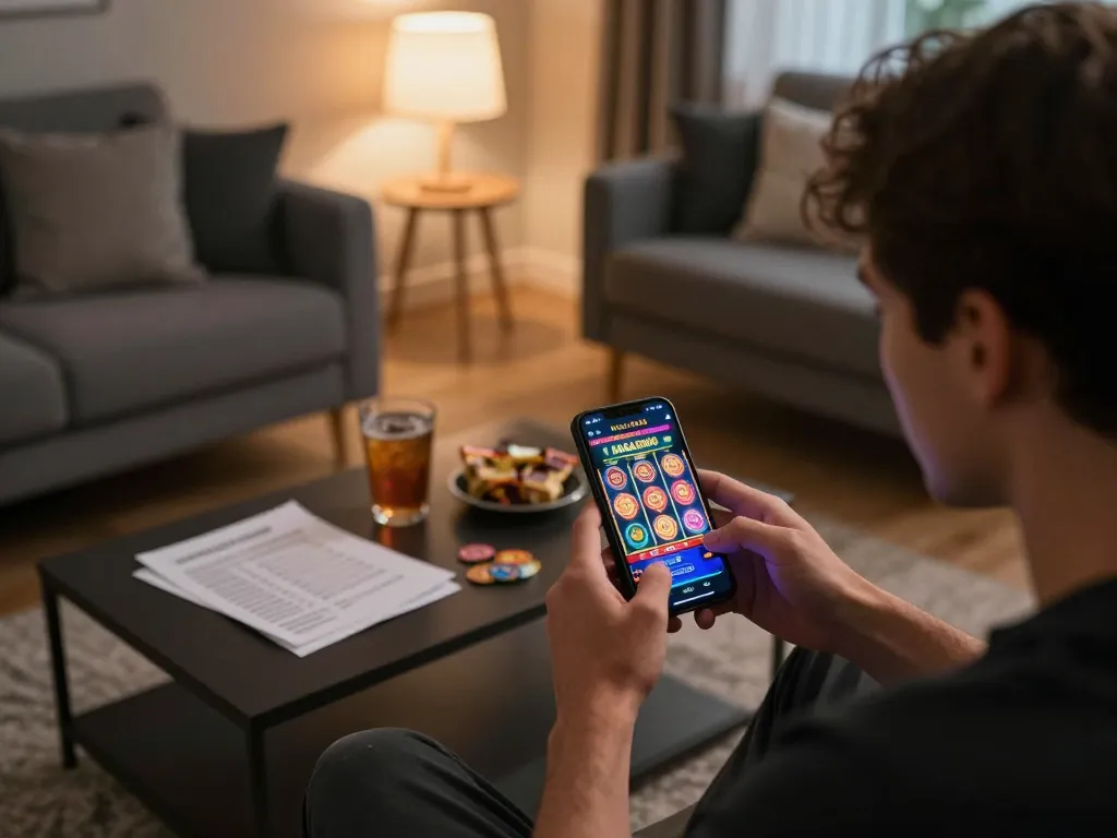 NAGA2000 player engaging with online slot games on smartphone in a cozy living room