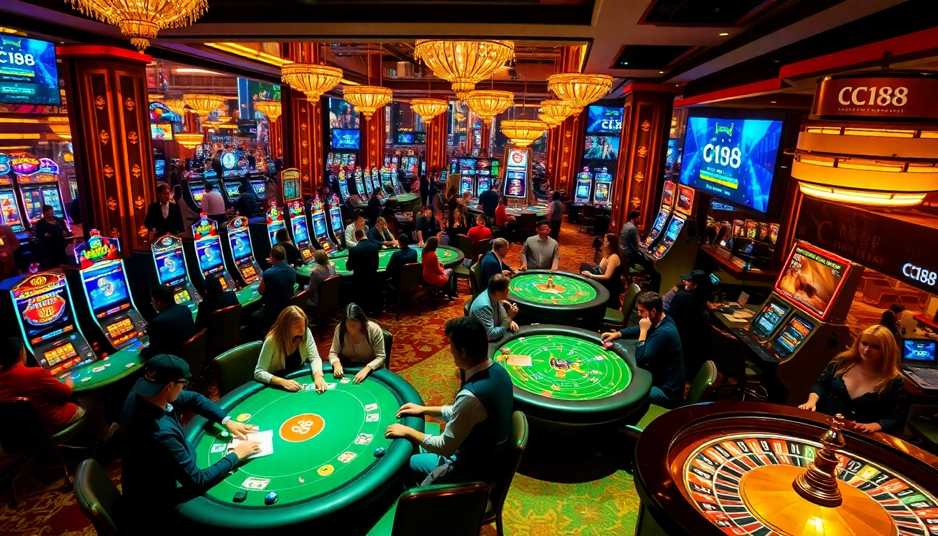 Experience high-stakes gaming at C168's luxurious casino, featuring poker tables and slot machines.