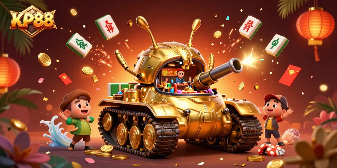 Spin your luck at KP88's vibrant casino scene featuring a golden beetle tank with tiny patrons.