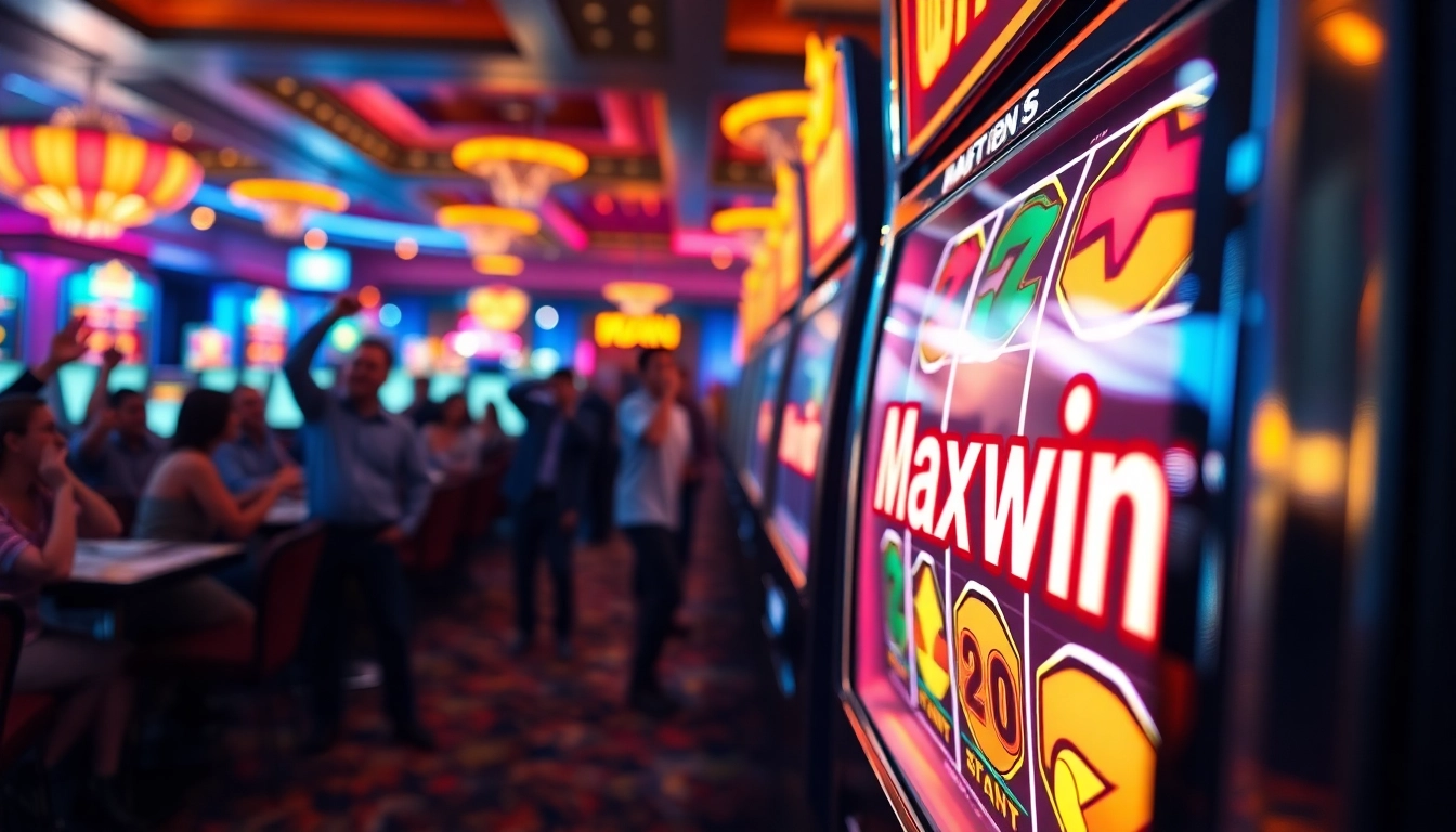 slot maxwin pemain merayakan kemenangan di mesin slot kasino yang cerah