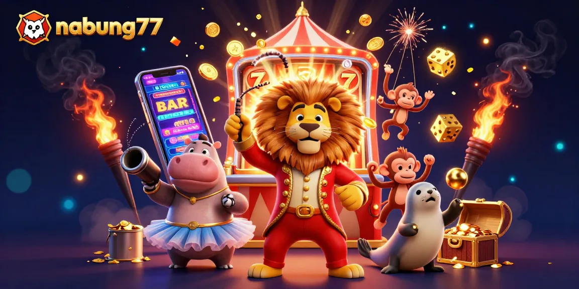 Experience excitement at nabung77 with a vibrant casino scene featuring a lion, hippo, monkey, and seal entertaining around a dynamic 3D slot machine.