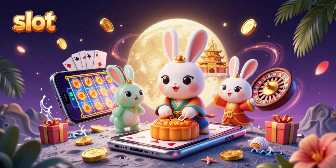 Menggali slot dalam ilustrasi 3D, kelinci bulan menyiapkan kue bulan yang terbuka, menampilkan chip poker.