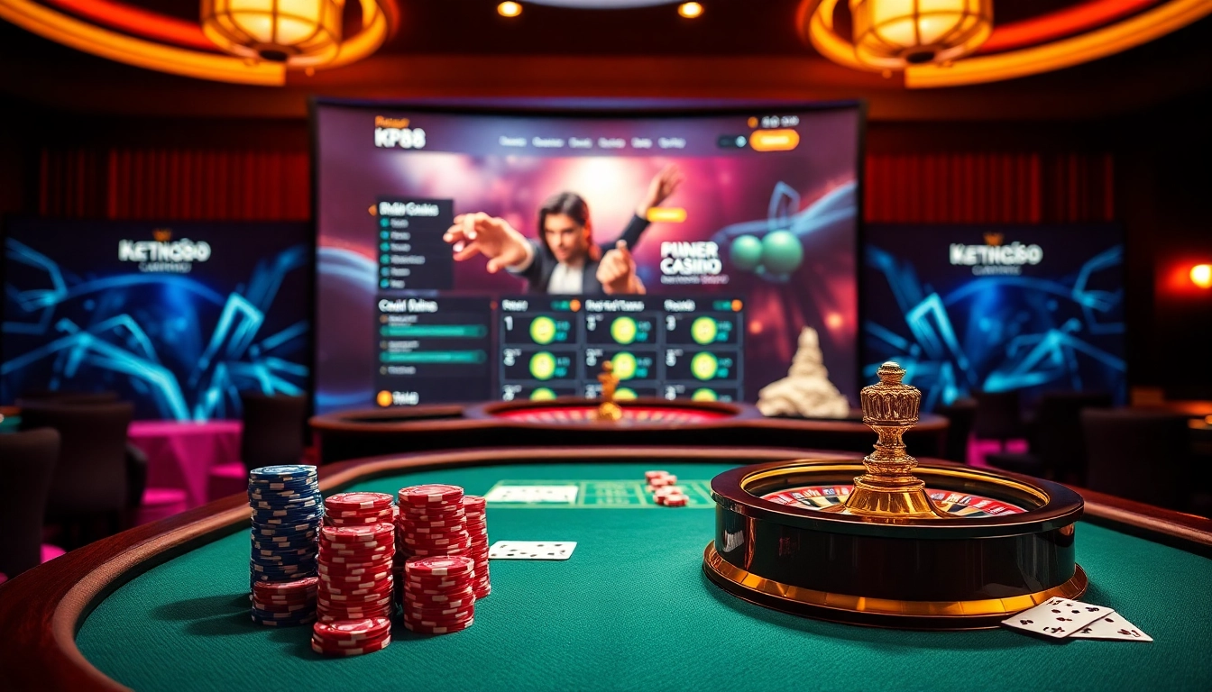 Engage in thrilling KP88 casino action with vibrant poker chips and illuminated roulette.